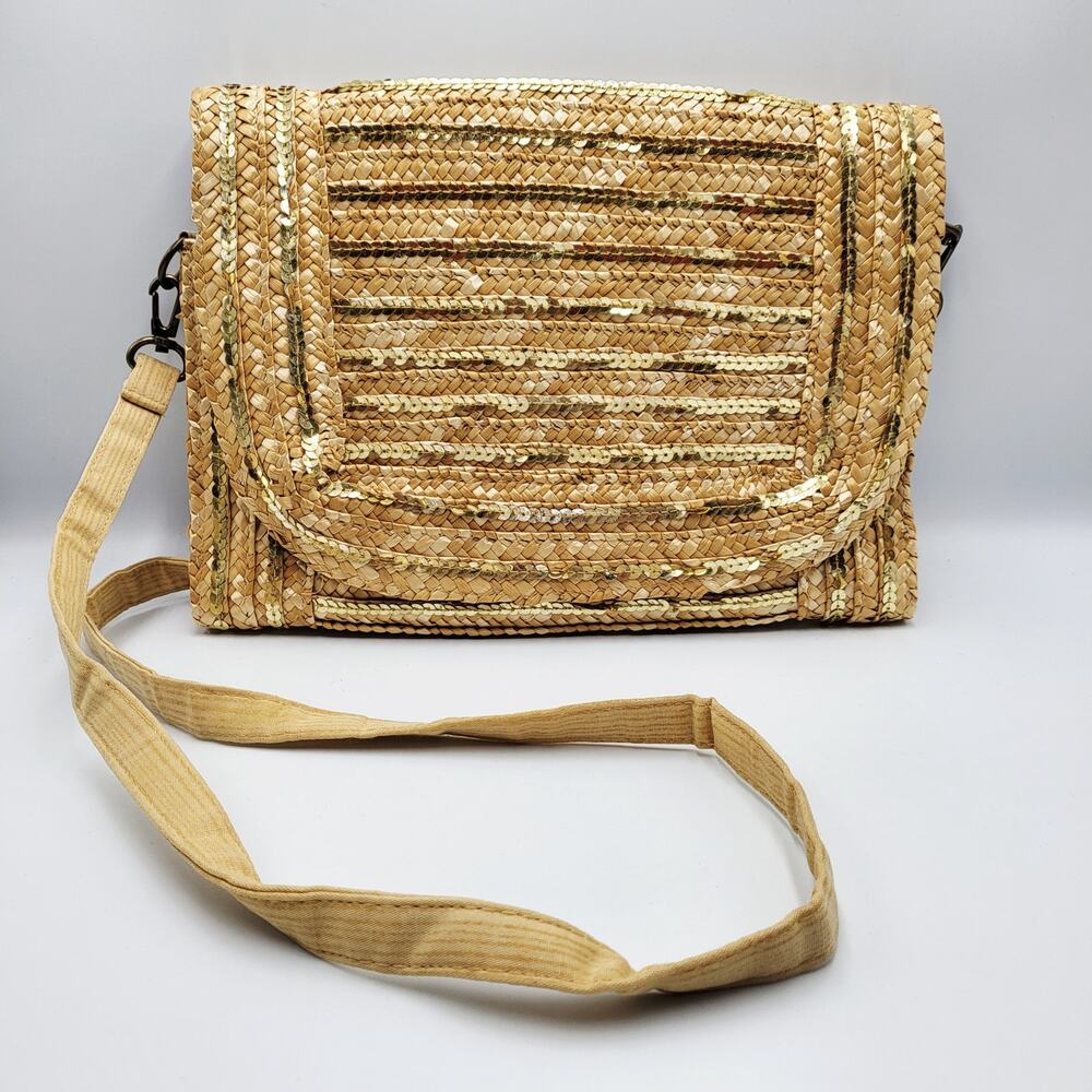Limited Edition Woven Straw Raffia Golden Sequin Foldover Clutch Shoulder Bag